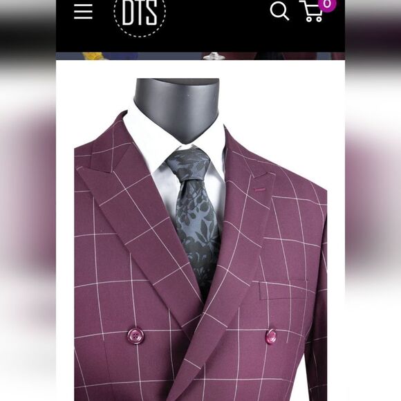 MEN'S VINCI 2 PIECE MODERN FIT WINDOWPANE DOUBLE BREASTED SUIT. MDW-1 WINE-WHITE - Picture 3 of 3